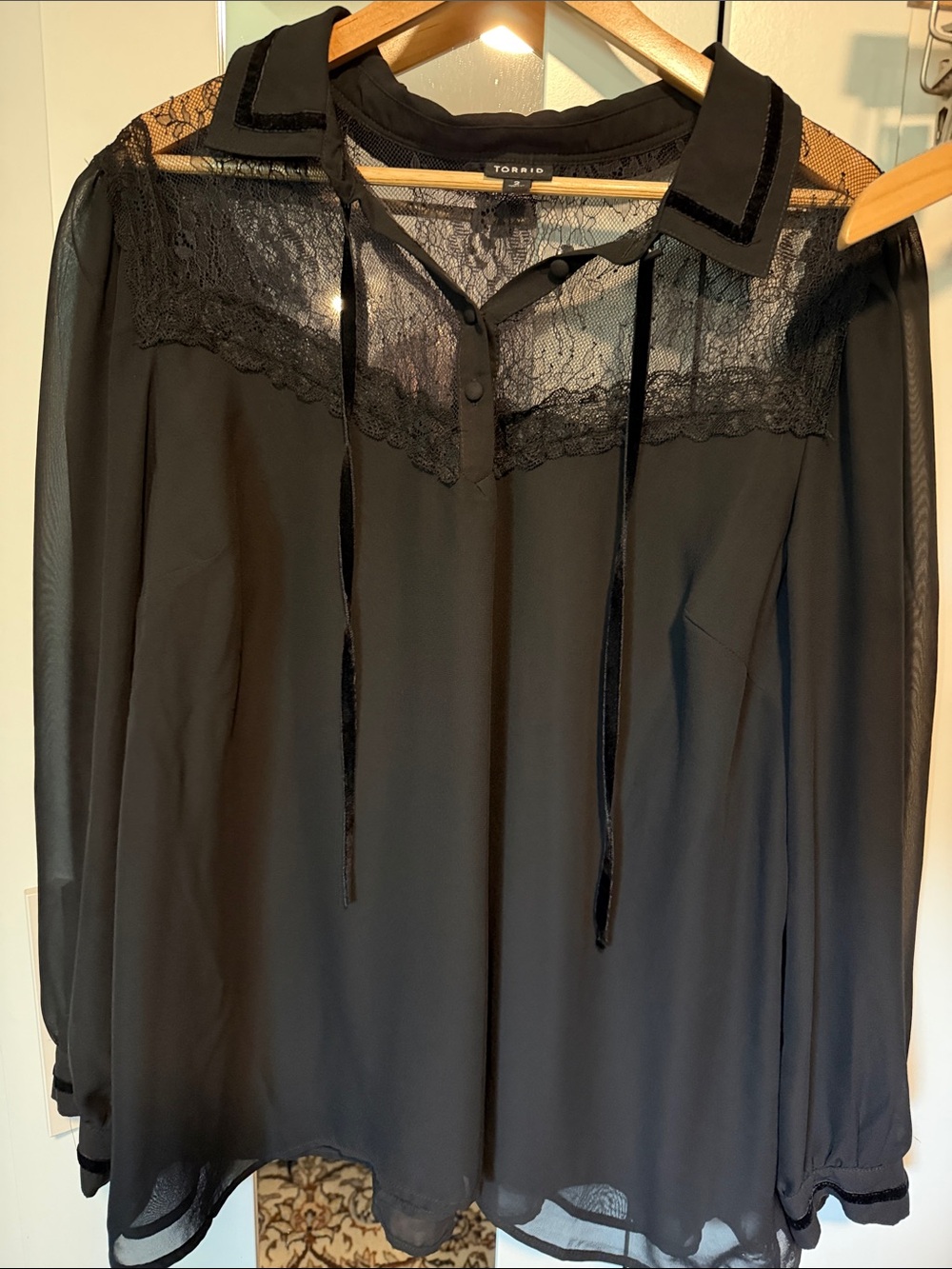 torrid Black Sheer Lace Yoke Blouse with Velvet Trim